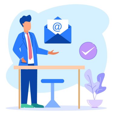 Düz biçim vektör illüstrasyonu, akıllı telefon içinde harf içeren zarf, posta alma, sıralama, web adresi veya web sitesi başlığı için mobil servis düzeni.