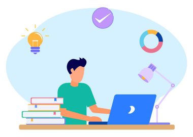 Düz stil vektör çizimi. Çocuklar günlük ya da günlük tutarlar. Genç çocuklar evde dizüstü bilgisayarları ve kitap yığınlarıyla ders çalışıyorlar. Yaşam tarzı ve gençlik kavramı.