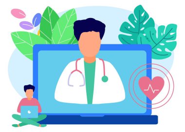 Düz stil vektör çizimi. Genç adam bilgisayarını, teletıp ve çevrimiçi doktor kavramlarını kullanarak doktorlara danıştı..