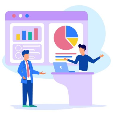 Girişimciler işlerinin sonuçlarını meslektaşlarının önünde sunarlar. Yaratıcı iş konsepti. Güvenilir bir iş adamı. Modern vektör çizimi. Düz tasarım.