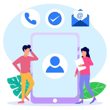 Düz stil vektör çizimi. İletişim cihazındaki kişi. İniş sayfasıyla irtibata geçin. Tasarımlar web siteleri, iniş sayfaları, UI, mobil uygulamalar, posterler, afişler için kullanılabilir.