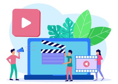Düz stil vektör illüstrasyonu, video yapımında takım çalışması. İyi kaliteli filmler yap. Web siteleri, iniş sayfaları, mobil uygulamalar, posterler ve afişler için.