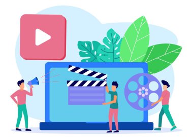 Düz stil vektör illüstrasyonu, video yapımında takım çalışması. İyi kaliteli filmler yap. Web siteleri, iniş sayfaları, mobil uygulamalar, posterler ve afişler için.