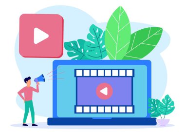 Düz stil vektör illüstrasyonu, video yapımında takım çalışması. İyi kaliteli filmler yap. Web siteleri, iniş sayfaları, mobil uygulamalar, posterler ve afişler için.