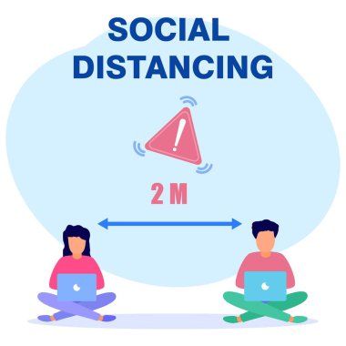 Modern tarz vektör çizimi. Sosyal uzaklık ve COVID-19 önleme: halka açık yerlerde, işyerlerinde, restoranlarda ve diğerlerinde diğer insanlardan 2 metre mesafede kalın.