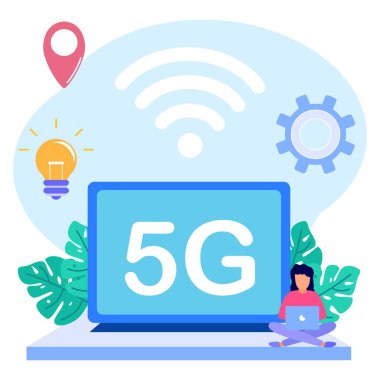 5G Ağ Hücresel Kablosuz İş Dünyası kavramının vektör çizimi, dizüstü bilgisayarı olan bir karakter. Web iniş sayfaları için uygun, evet, mobil uygulamalar, afiş şablonları.