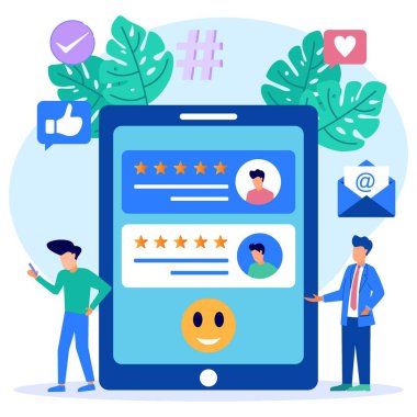 Modern tarz vektör çizimi. Müşteri memnuniyeti tasarım konsepti, kişinin karakteri inceleme sonuçlarını seslendirir. Web iniş sayfaları için uygun, evet, mobil uygulamalar, afiş şablonları.