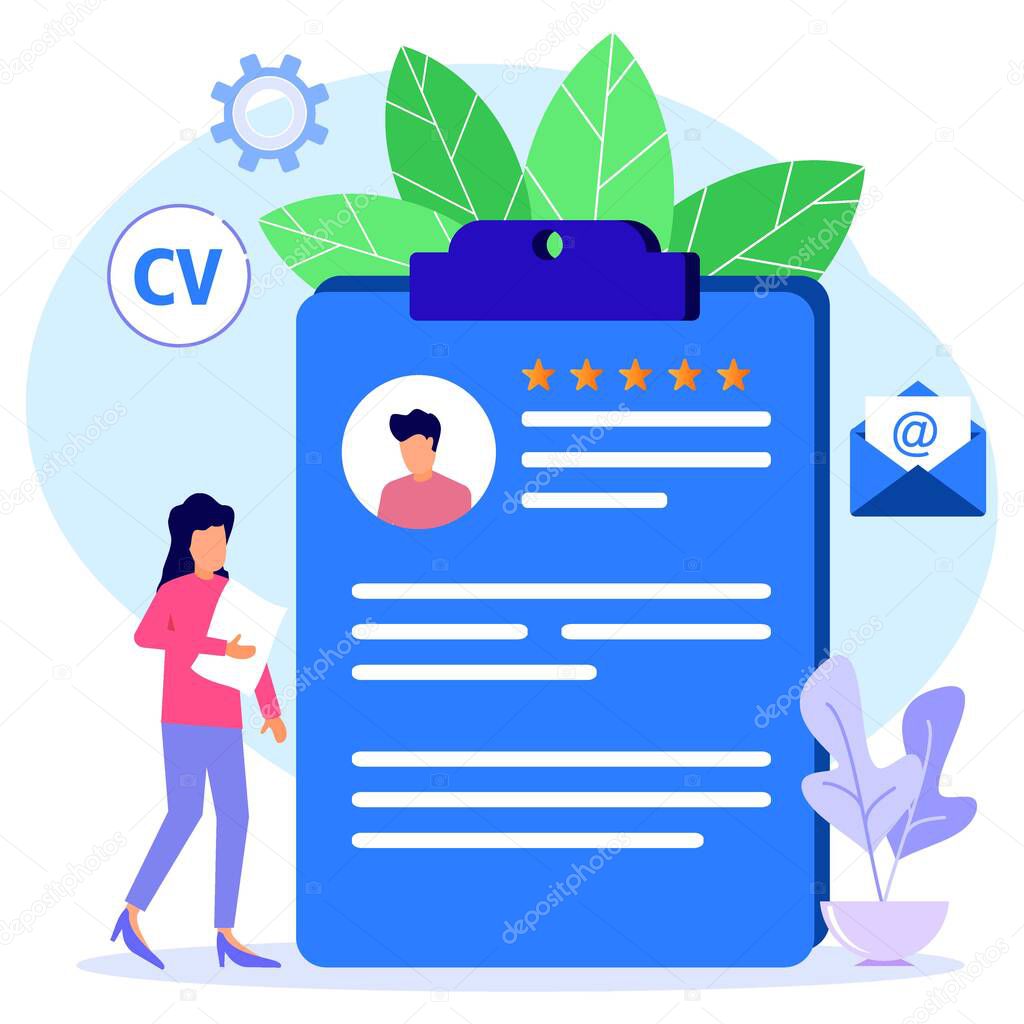 Modern style vector illustration, online recruitment concept with person characters checking applicant data and profiles. Suitable for web landing pages, ui, mobile apps, banner templates. Vector Illustration