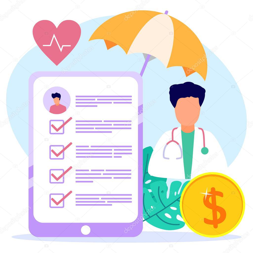 Vector illustration of health insurance concept, doctors filling out medical insurance forms, health insurance for patients. Suitable for web landing pages, ui, mobile apps, banner templates.