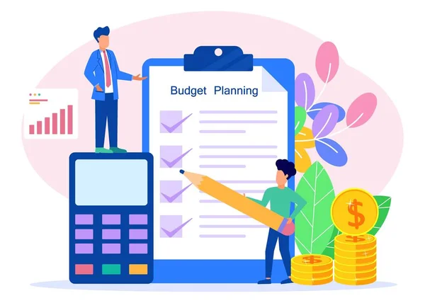 Flache Vektordarstellung Budgetplanungskonzepte Finanzanalysten Auf Papier Checklisten Neue Daten Zum — Stockvektor