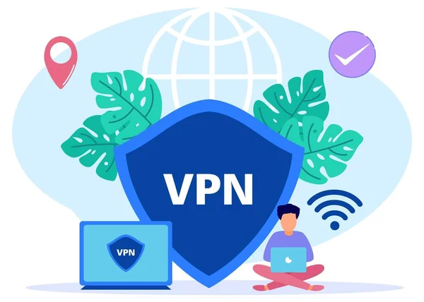 Modern tarz vektör çizimi. VPN servisi olan bir şahıs. Web siteleri, iniş sayfaları, mobil uygulamalar, posterler ve afişler için çizimler.