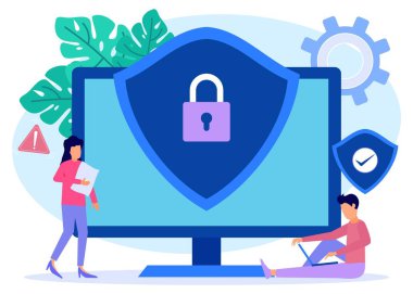 Modern tarz düz çizim, cep telefonu, dizüstü bilgisayar ve siber güvenlik verileri için güvenlik aygıtı olan kişi karakteri. Web siteleri, iniş sayfaları, mobil uygulamalar, posterler ve afişler için çizimler.