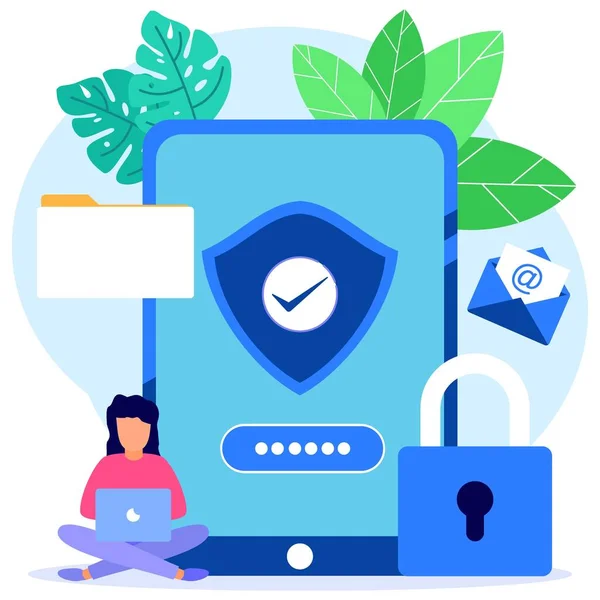 携帯電話 ノートパソコンやサイバーセキュリティデータのためのセキュリティデバイスを持つ人の現代的なスタイルのフラットイラスト ウェブサイト ランディングページ モバイルアプリ ポスター バナーのイラスト — ストックベクタ
