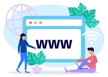 Dizüstü bilgisayarı olan bir karakter ile alan adı kayıt kavramının modern stil vektör illüstrasyonu. Alan adı kaydı kavramı web siteleri, iniş sayfaları, UI, mobil uygulamalar, posterler, afişler için kullanılabilir.