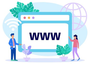 Dizüstü bilgisayarı olan bir karakter ile alan adı kayıt kavramının modern stil vektör illüstrasyonu. Alan adı kaydı kavramı web siteleri, iniş sayfaları, UI, mobil uygulamalar, posterler, afişler için kullanılabilir.