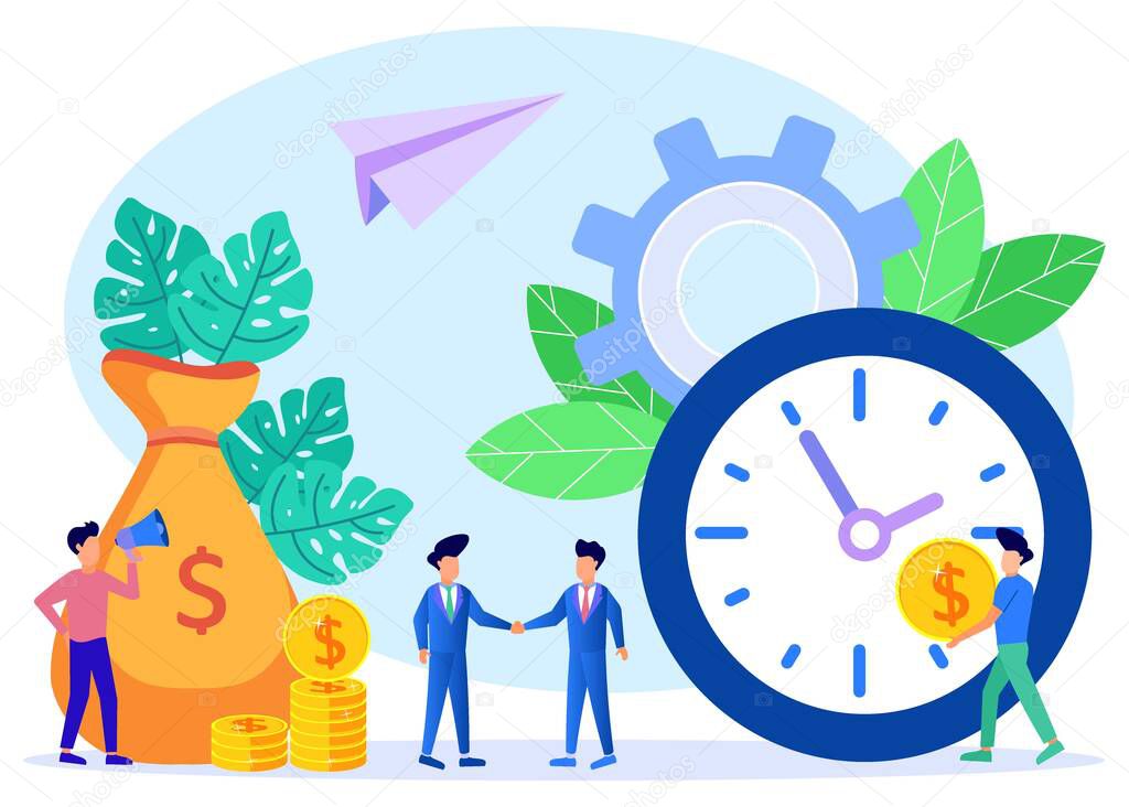 Vector illustration of a business concept. Business success team. time is money, financing and investing, the handshake of business women and men.