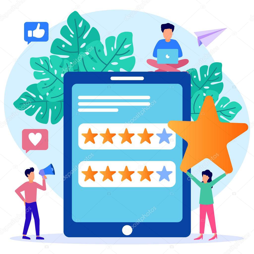 Flat style vector illustration. People's Characters Give Five Star Feedback. Clients Choose Satisfaction Ratings and Leave Positive Reviews. Customer Service Concepts and User Experience.