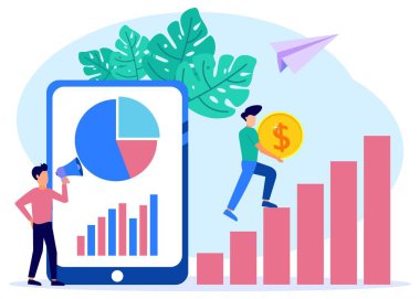 İş kavramlarının vektör illüstrasyonu, bilgi grafikleri, ölçek evrim analizi, ağ tanıtımı, yeni çözüm fikirleri arayışı, şirkette takım çalışması, şirket gelirleri.