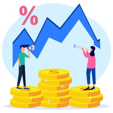 İndirimli satış fiyatları, düşüşler, alışveriş ve müşteri artışlarının temsilci illüstrasyonu.