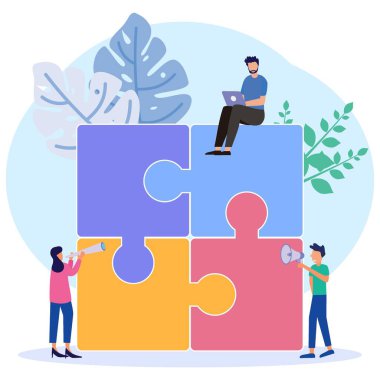 Vektör illüstrasyonu, şirkette takım çalışması, insanlar bulmacanın detaylarını öğrenir, düzenler ve eşleştirirler. İş konsepti.