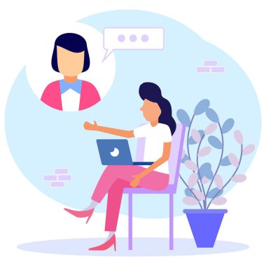 Modern vektör çizimi. Genç kadınlar iş arkadaşları ya da meslektaşlarıyla görüntülü görüşmeler için dizüstü bilgisayar kullanıyorlar. Arkadaşlar internette konuşur. Online eğitim ve e-öğrenim kavramları.