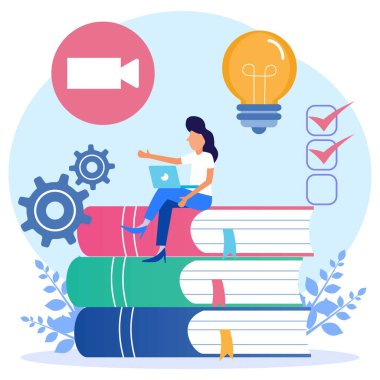 Modern vektör çizimi. Akıllı genç bayan bir yığın kitabın üzerine oturur ve dizüstü bilgisayarını kullanır. E-öğrenme, webinarlar, çevrimiçi video eğitimi, uzaktan eğitim kavramları.