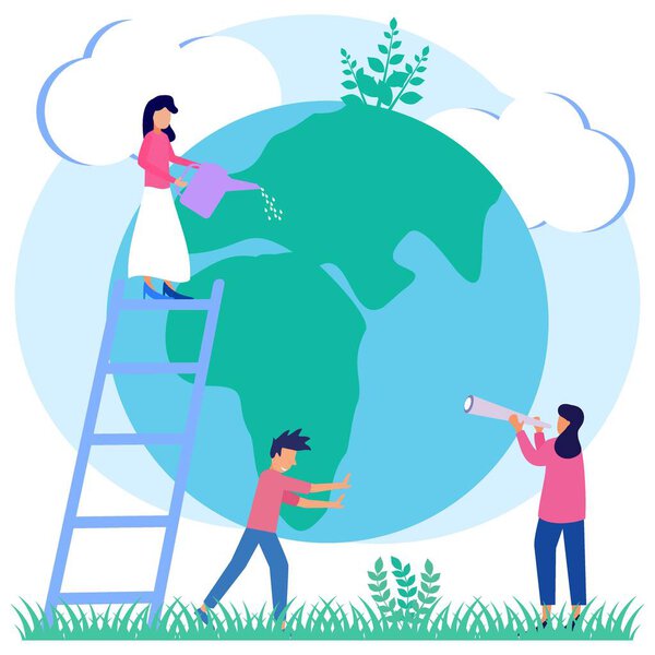 Люди спасают окружающую среду Земля зеленеет. Nature Globe Ecology защищает плоский вектор. Празднование Дня Земли.