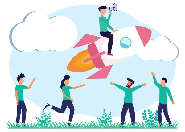Vector Illustration Team Motivation Teamwork Business People Working Together Start — ストックベクタ