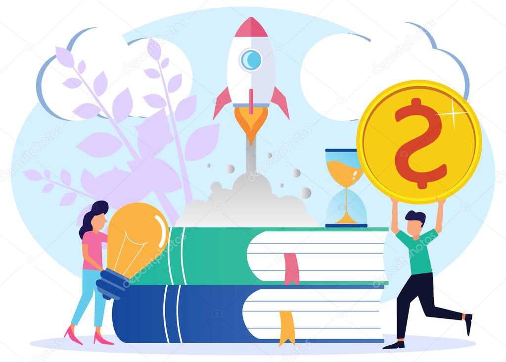 The concept of teamwork business. Vector illustration, the process of starting a business project, ideas through planning and strategy, time management, realization, success, achieving targets.