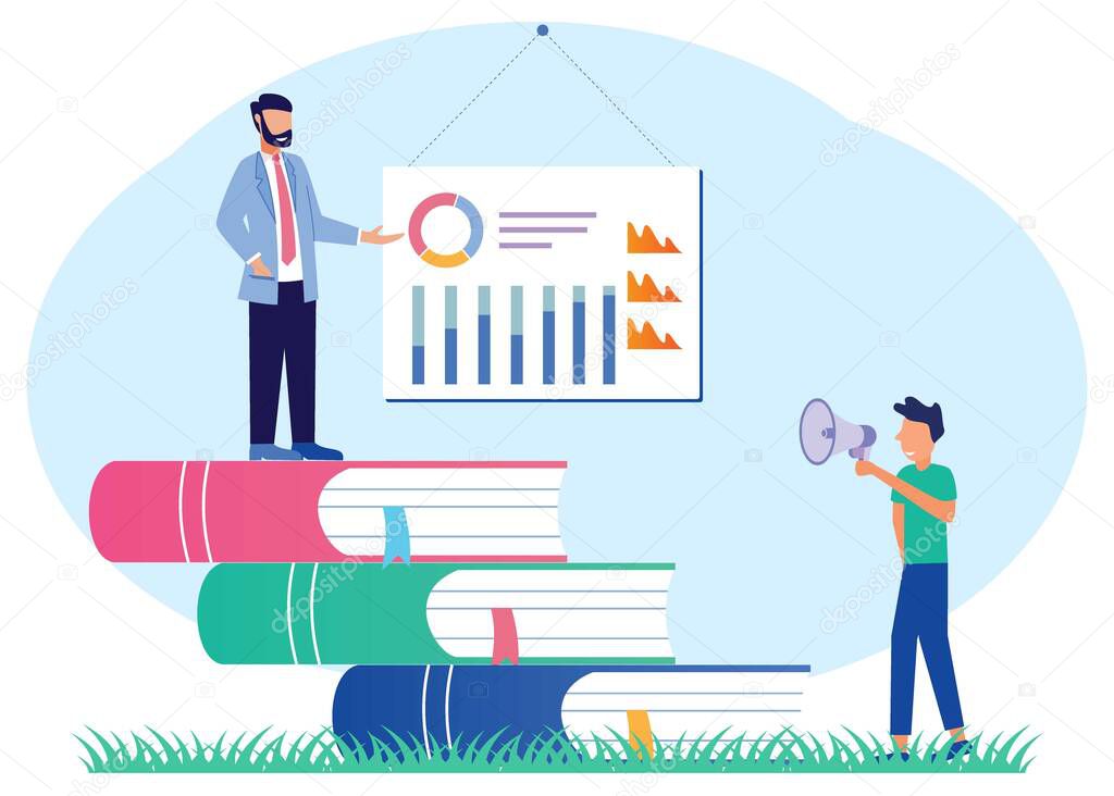A business guide stands on a pile of books. Character of people Looking for information, ideas, consulting, education, business and lifestyle. Modern vector illustration.