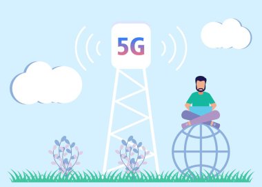 5G Teknoloji Kavram Vektörü İllüstrasyonu. Şehir sakinleri Yüksek Hız Hız Hücre İnterneti kullanan Aktarım Kuleleri Karakterleri İletişim için Yeni Nesil Ağı kullanıyor 