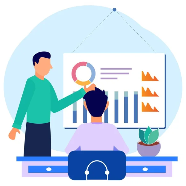Företagsläraren Står Vid Den Punkt Diagrammet Karaktär Hos Människor Letar — Stock vektor