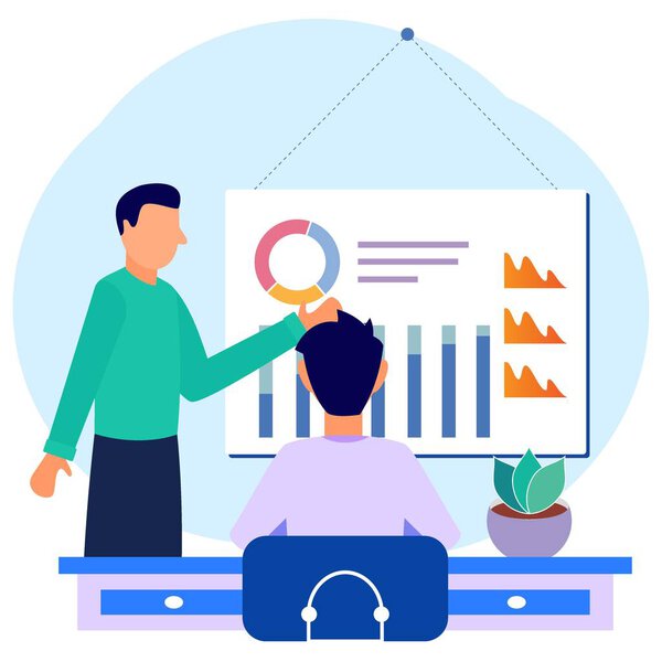 Учитель бизнеса стоит в точке диаграммы. Характер людей, ищущих информацию, идеи, консультации, образование, бизнес и образ жизни. Современная векторная иллюстрация.