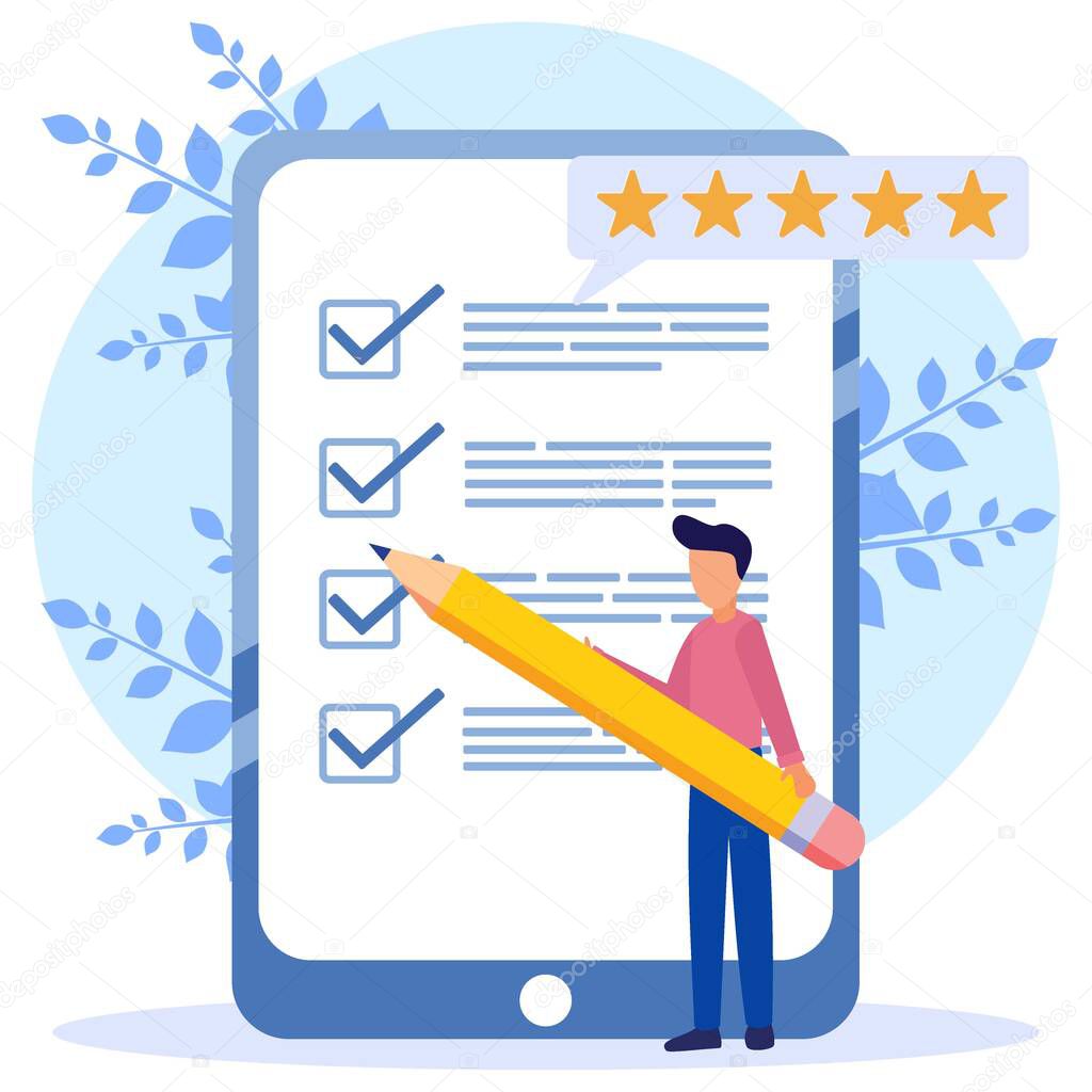 Modern style Vector illustration. Person Character Fill Test on Customer Survey Form. The man ticks the checklist. Customer Experience and Satisfaction Concept.