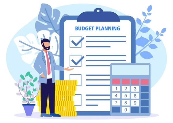 İş konseptinin vektör çizimi, bütçe planlaması, kontrol listesi kağıdındaki mali analist, yeni finansal plan verileri, bilanço tablosu mali tabloları. Harcamalar ve gelir.