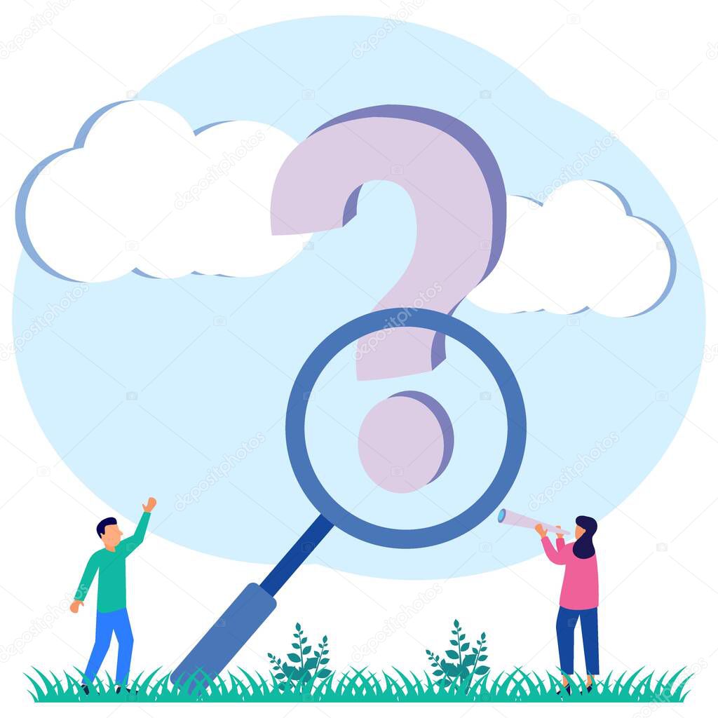 Flat Vector Illustration. Person Character Standing near Exclamations and Question Marks. Character of people Asking Questions and receiving Answers. Online Support Center. Concept of Frequently Asked Questions.