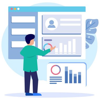 Modern tarz vektör çizimi, veritabanı istatistiksel analiz iş konsepti. İniş sayfaları, afişler ve web tasarımı için elverişli.