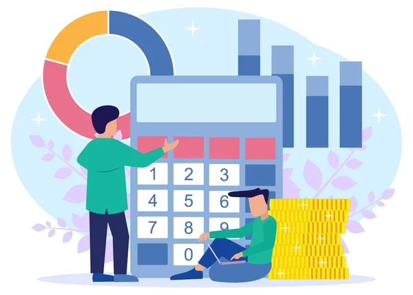 Vector Illustration of Business Concepts, para ve finans yönetimi, maaş bordrosu. Maliyetler, maaş hesapları. Web siteleri, basılı materyaller için. Gelir, hesap makinesine göre ödeme, gelir artışı.
