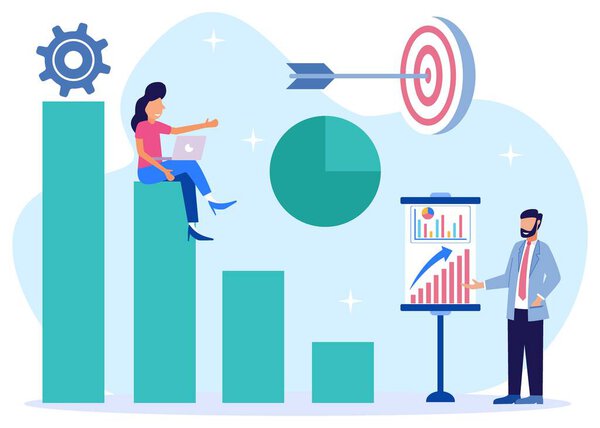 Векторная иллюстрация бизнес-концепции, бизнес-люди, изучающие инфографику, анализ экономического роста, продвижение сети, поиск новых идей решения, совместная работа в компаниях, доходы компании.