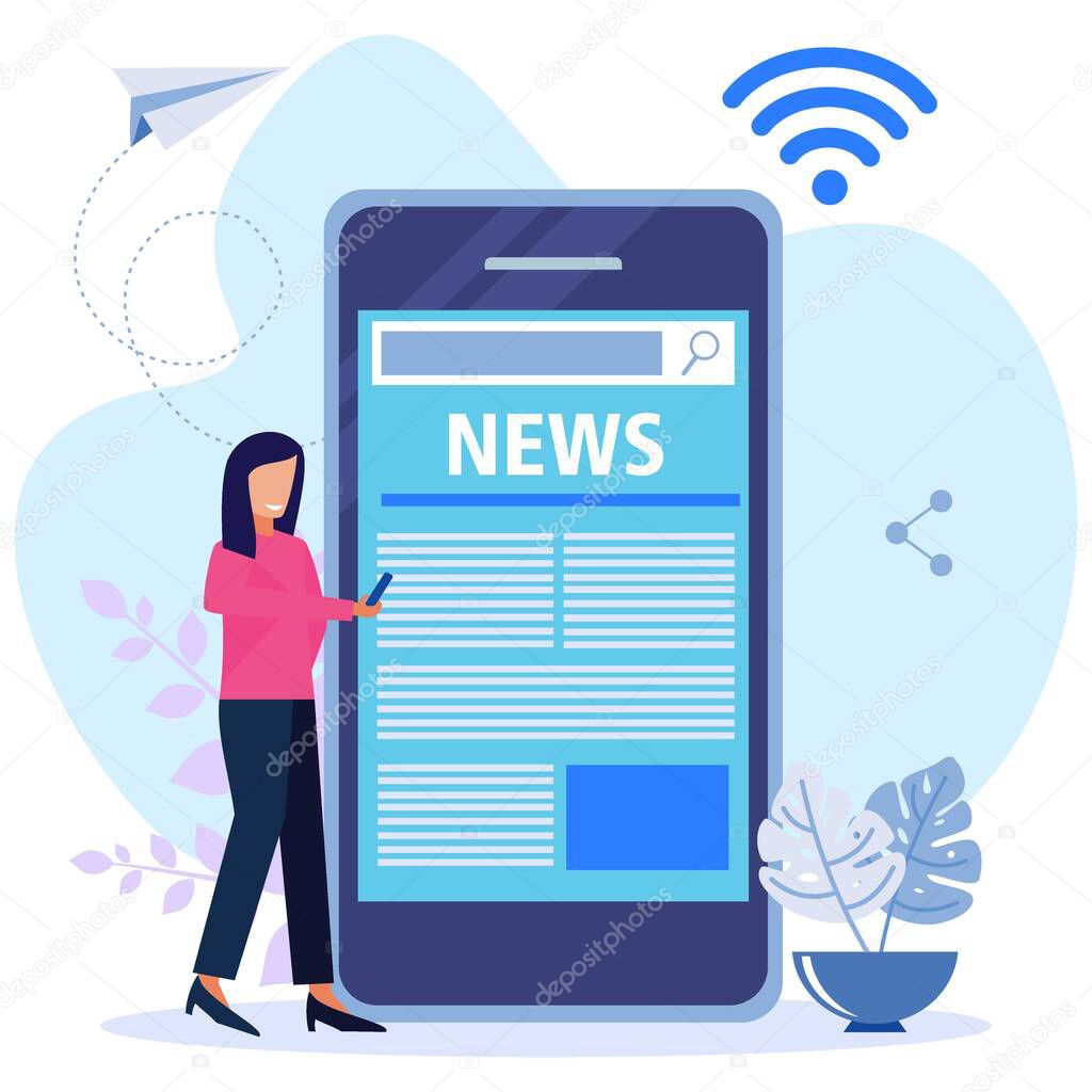 Modern style vector illustration. Flat design concept of reading news via smartphone, character of people with online newspapers. suitable for websites, landing pages, mobile apps, posters and banners