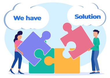 Yassı Çizgi Film Vektör Resimleri. Takım çalışması konsepti. İş adamları Yapboz Parçalarını İşbirliği ve Birleştirin. Erkekler ve kadınlar yapbozları birleştirir. Takım Metaforları ve İş Çözümleri.