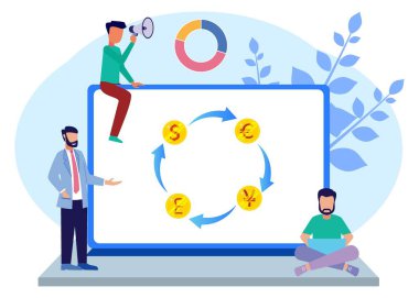 Modern iş konseptinin vektör illüstrasyonu. Döviz kurları, online para transferleri, borsa simgesi seti. Açık bankacılık platformu, borsa metaforu.