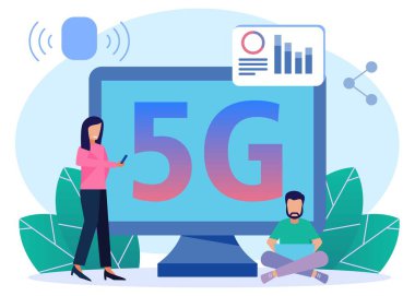 5G Teknoloji Kavram Vektörü İllüstrasyonu. Şehir sakinleri Yüksek Hız Hız Hücre İnterneti kullanan Aktarım Kuleleri Karakterleri İletişim için Yeni Nesil Ağı kullanıyor 