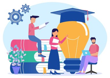 Modern tarz vektör çizimi. Öğrenciler evde dizüstü bilgisayarlar ve kitaplarla çalışıyorlar. E-öğrenme, webinarlar, çevrimiçi video eğitimi, uzaktan eğitim kavramları.