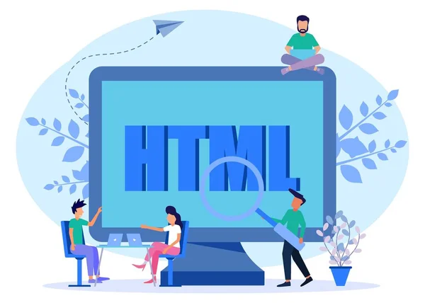 Düz stil illüstrasyon, dizüstü bilgisayarda güçlü programcı kodlama web sitesi HTML dışında, ağ ve ağ oluşturma.