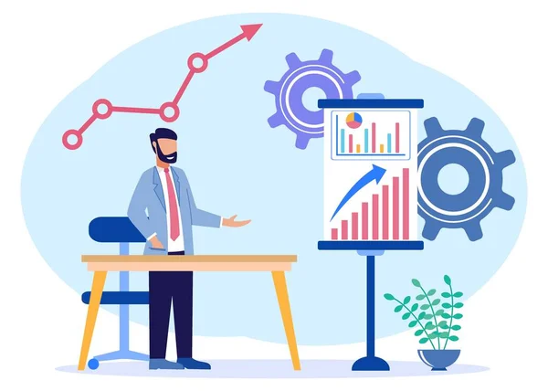 Vektor Illustration Affärsidé Affärsman Studerar Infografik Ekonomisk Tillväxt Analys Nätverk — Stock vektor