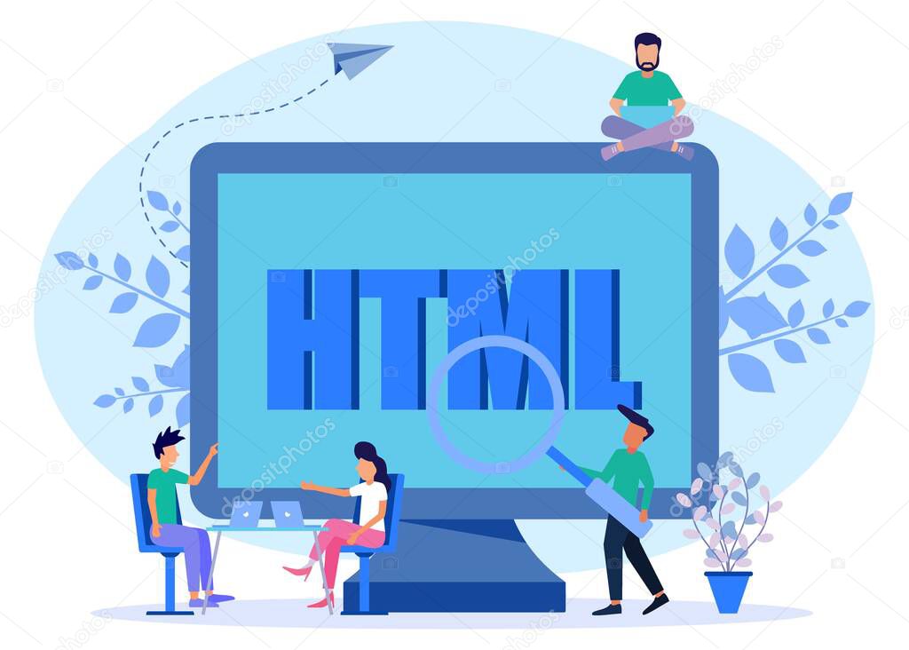 Flat style vector illustration, powerful programmer coding website on laptop besides word HTML, creating web and network.