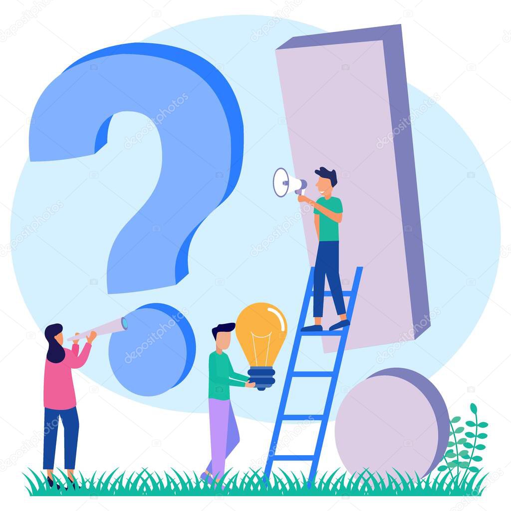 Flat Vector Illustration. Person Character Standing near Exclamations and Question Marks. Character of people Asking Questions and receiving Answers. Online Support Center. Concept of Frequently Asked Questions.