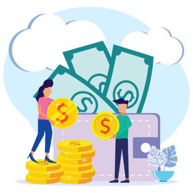 Finansal işlemler, nakit olmayan ödeme işlemleri. Posta terminalleri ve ödeme sistemleri, para birimi, madeni paralar, içinde para bulunan cüzdan, ödeme sistemi NFC - vektör, para transferi - vektör - vektör.