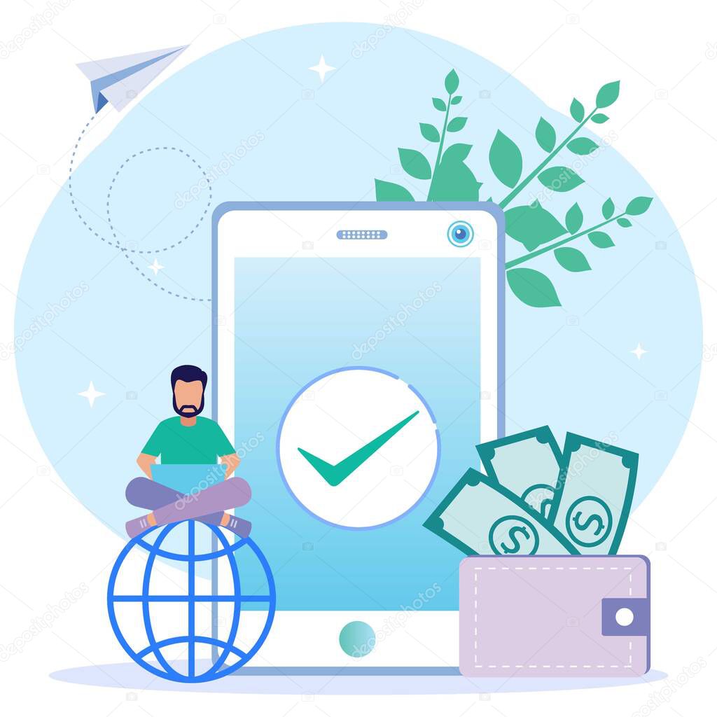 Flat Isometric Vector Illustration. Character People sit next to smartphones and wallets, Send and Receive. Money Transfer and Payment Transactions in the Online Banking Mobile Application.